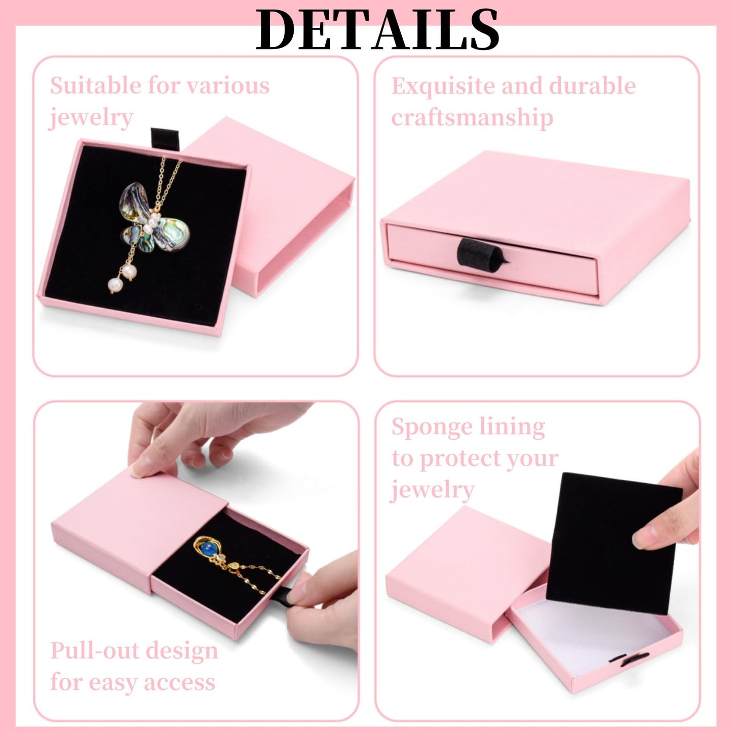 WRINGKIT 20 Pack Pink Jewelry Gift Boxes, Cardboard Jewelry Packaging Boxes with Lid and Black Sponge Lining, Small Empty Bracelet Gift Box Bulk for Earrings, Necklaces, Christmas, Valentine's Day