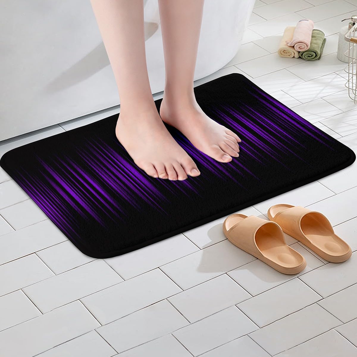 Feelyou Purple and Black Bath Rugs for Shower Tub Abstract Ombre Bath Mats for Bathroom Gradient Purple Lines Bathroom Rugs Purple Black Gradient Bathroom Accossories 20"x32"