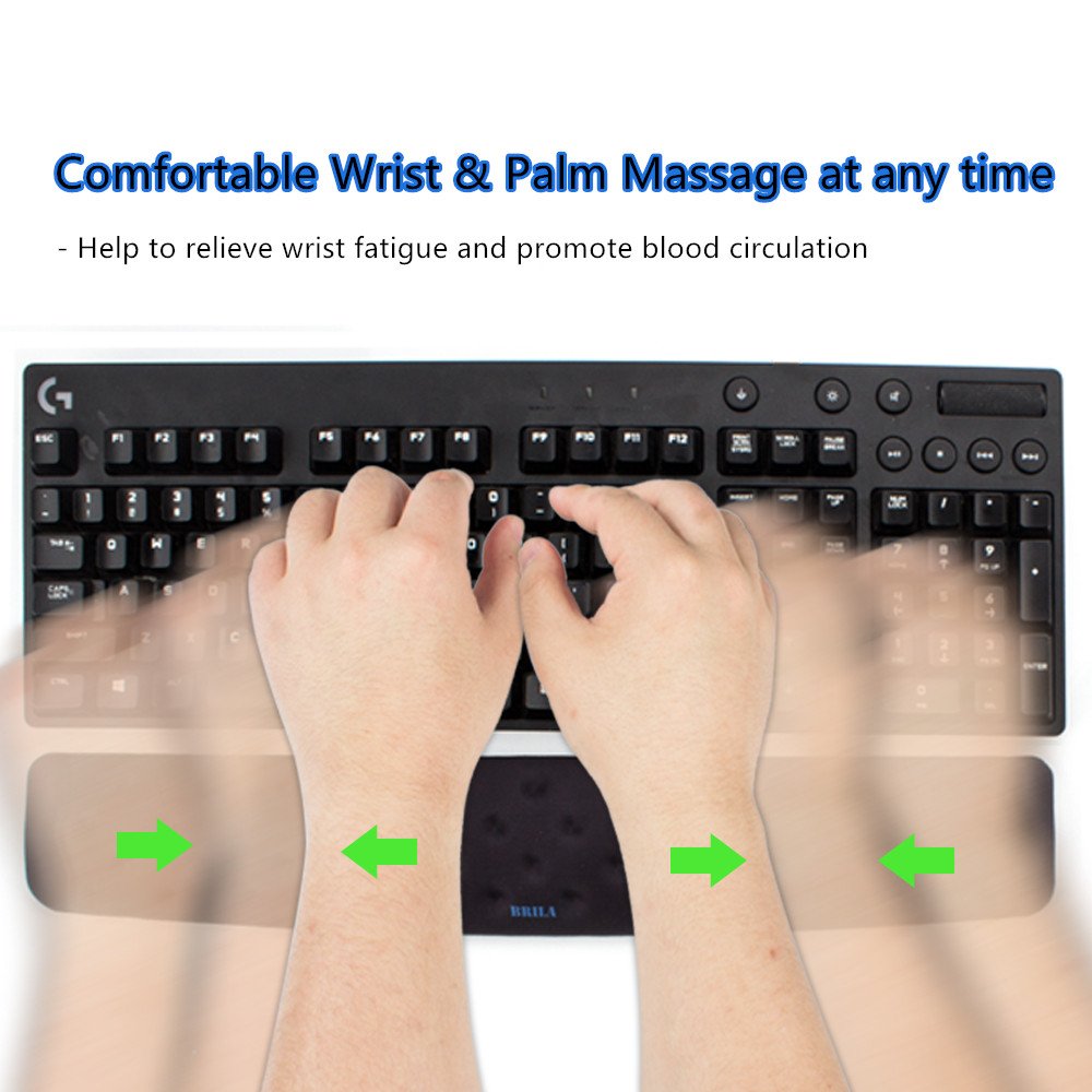 BRILA Keyboard Wrist Rest Support Cushion Pad for Computer, Laptop, Office Work, PC Gaming - Memory Foam Gel with Massage Holes Design - Non-Slip Easy Typing Wrist Pain Relief (Black Keyboard Pad)