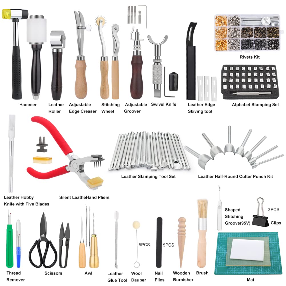447 Pcs Leather Working Tools, Leather Working Kit for Cutting Punching Stamping Stitching with Instruction & Storage Case, for Saddle Making, DIY Projects