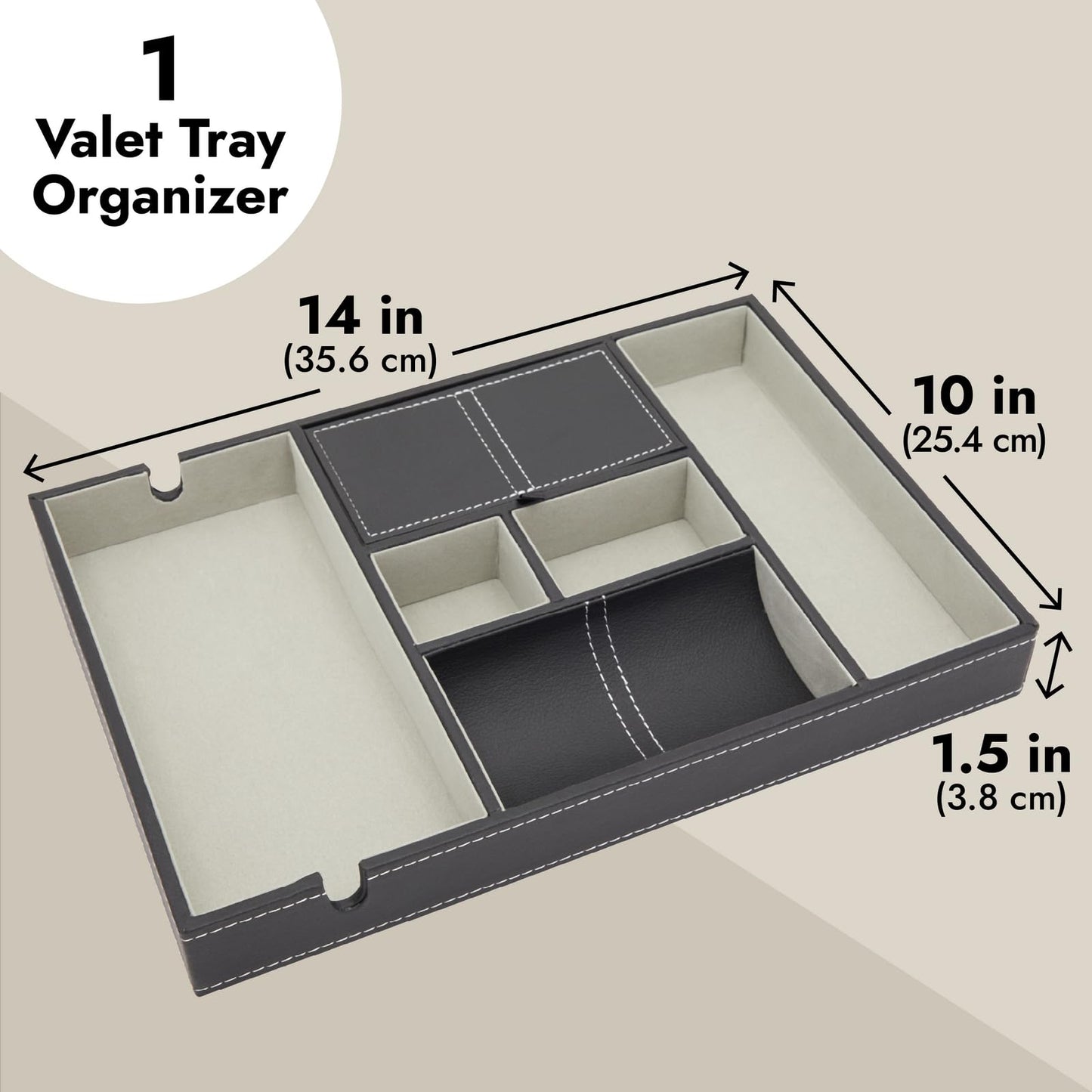 Juvale Nightstand Organizer Tray - 14 x 10 x 1.5 in, Black Faux Leather - Valet Tray for Men with 6 Compartments for Watch, Jewelry & Keys