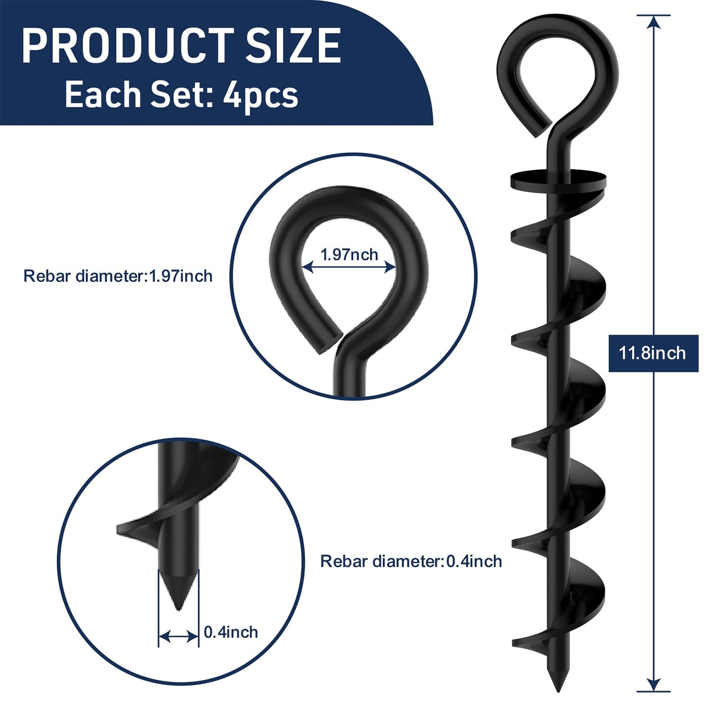 Eurmax USA 4 Pack Heavy Duty Ground Stakes,Industrial Grade Spiral Steel Screw-In Anchors with 4 Bonus Tie-Down Ropes,High Wind Stabilizing Kit for Trampolines,Dog Tie-Out,Canopies,Outdoor Sheds,Black