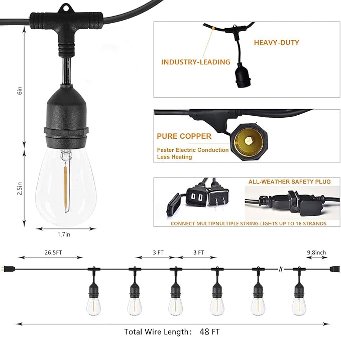Outdoor String Light 48FT LED Heavy-Duty Patio Lights String Linkable with Shatterproof 15 LED Bulbs for Outside Cafe Porch Market String Lights