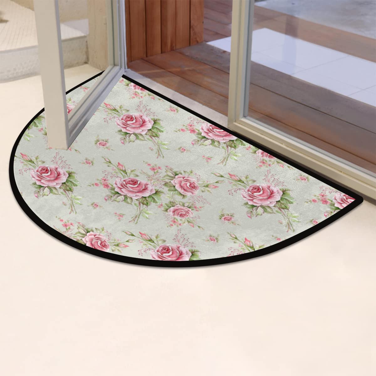 Apular 30X18 Inch Half Round Door Mat Floral Flower Rose Pattern Half Circle Rug Indoor Anti-Skid Semi Circle Doormat Entrance Floor Rug for Bathroom Kitchen Living Room Area Rugs 24 * 36in