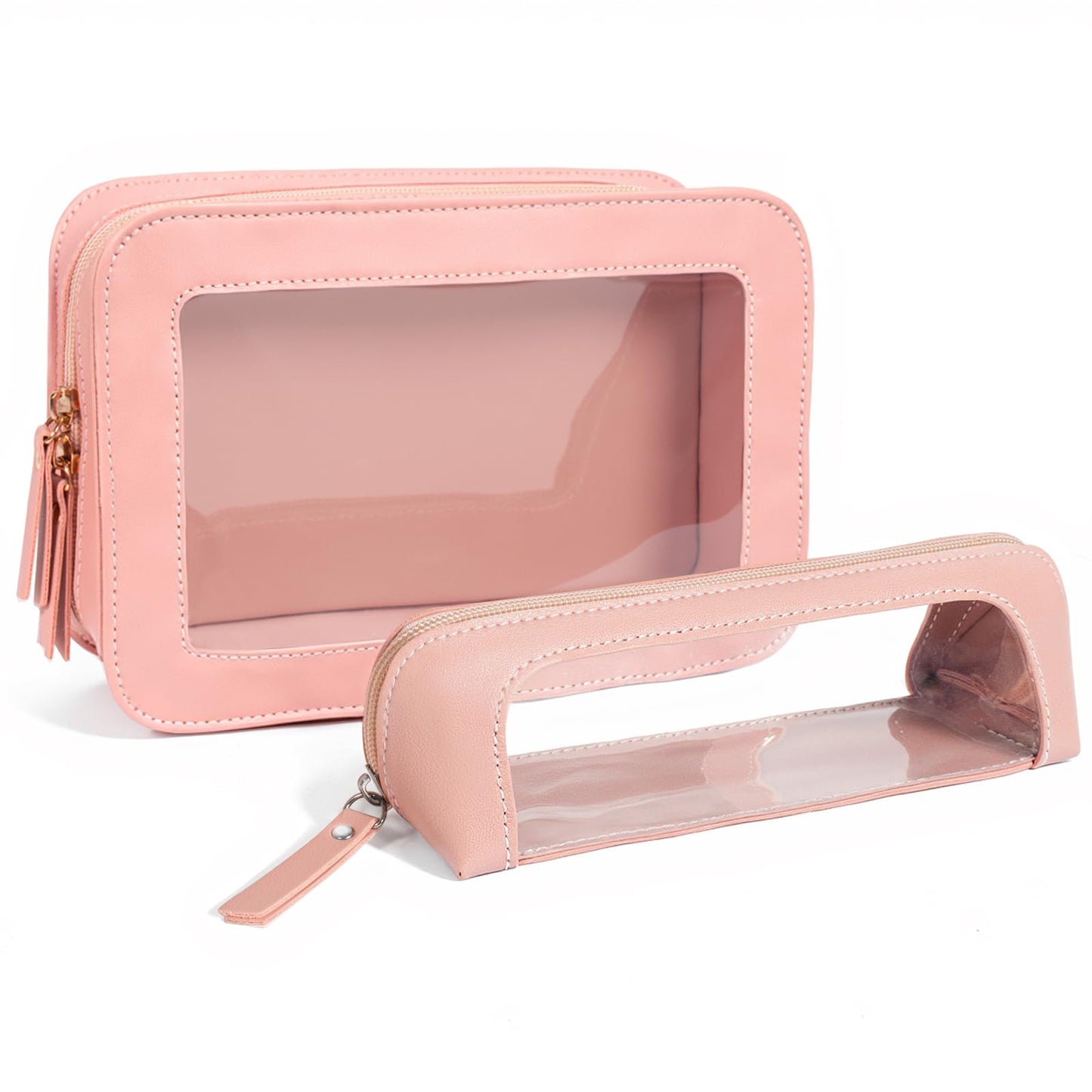 LETGO 2Pack Clear Makeup Bags Set, Small Clear Makeup Bag, PU Leather Travel Makeup Brush Case Portable Transparent Waterproof Cosmetic Organizer Pouch with Zipper for Women(2Pack-White Set)