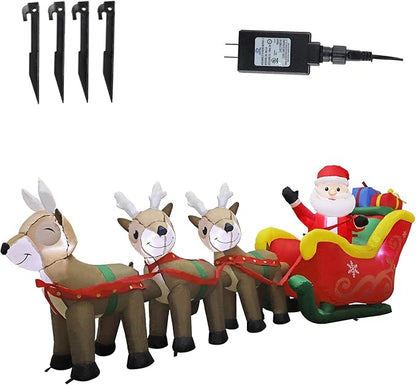 MorTime 9.5 FT Christmas Inflatable Santa Claus on Sleigh Pulled by Three Reindeers with Gift Boxes, Blow up Lighted Yard Decor for Outdoor Decorations