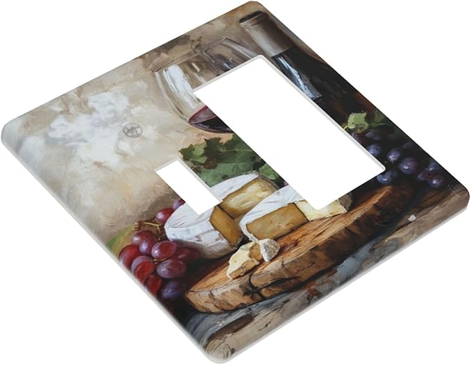 Decorative Art Light Switch Covers Wineglass & Artisanal Cheeses 2 Gang Single Toggle Rocker Combination Electrical Faceplate Switchplate Wall Plate for Home Decor