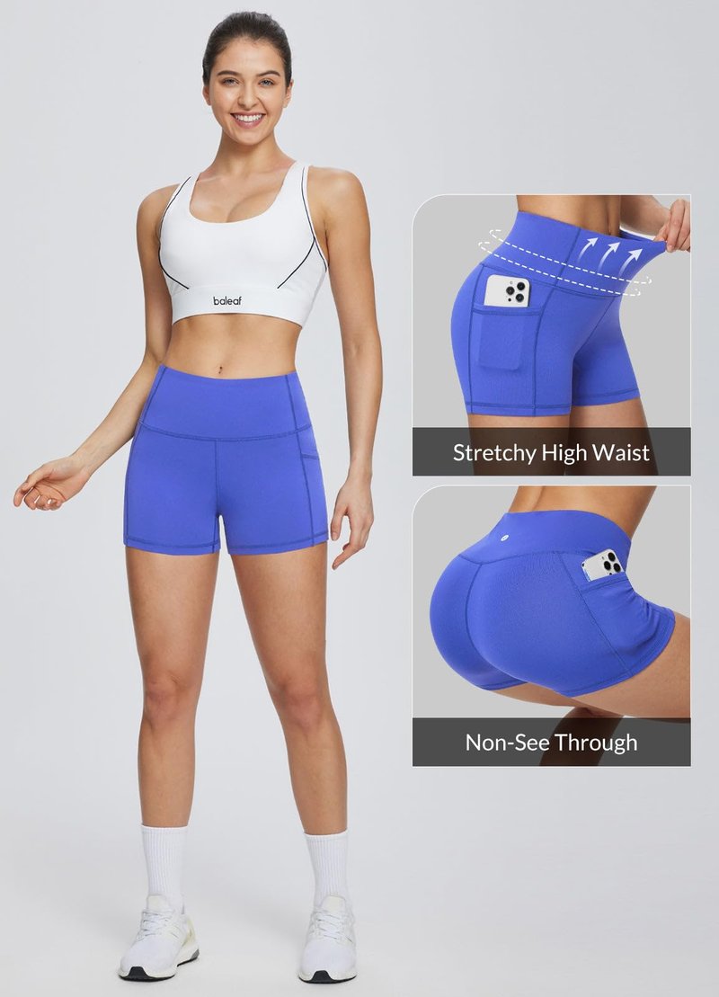 baleaf Gym Shorts Women 3" Biker Workout Yoga Spandex Running Volleyball Tummy Control Compression with Pockets Earth Blue L