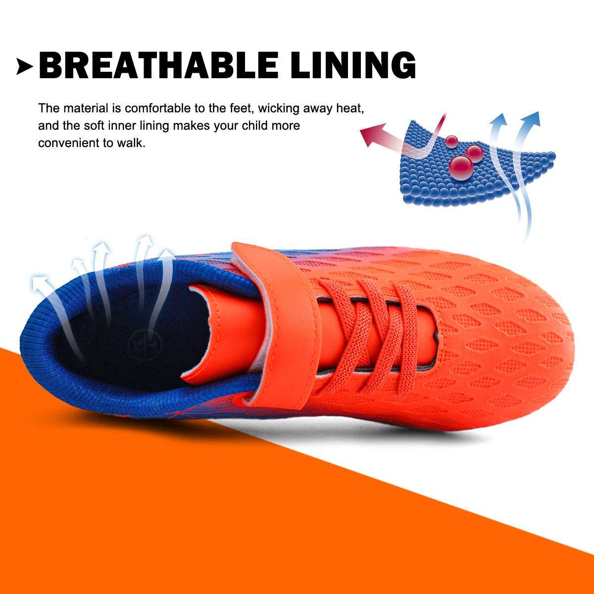 brooman Kids Firm Ground Soccer Cleats Boys Girls Athletic Outdoor Football Shoes(3.5,Orange Blue)