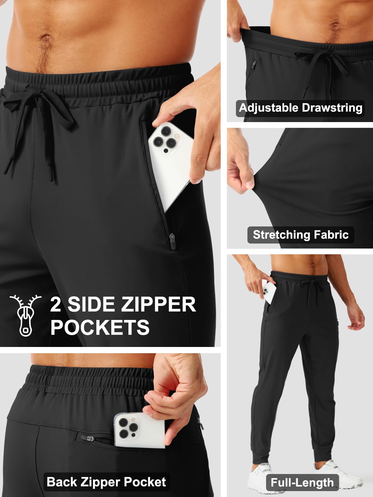 Aolesy Men's Joggers with Zipper Pockets Lightweight Gym Athletic Pants for Men Stretch Slim Track Sweatpants for Workout Running Black