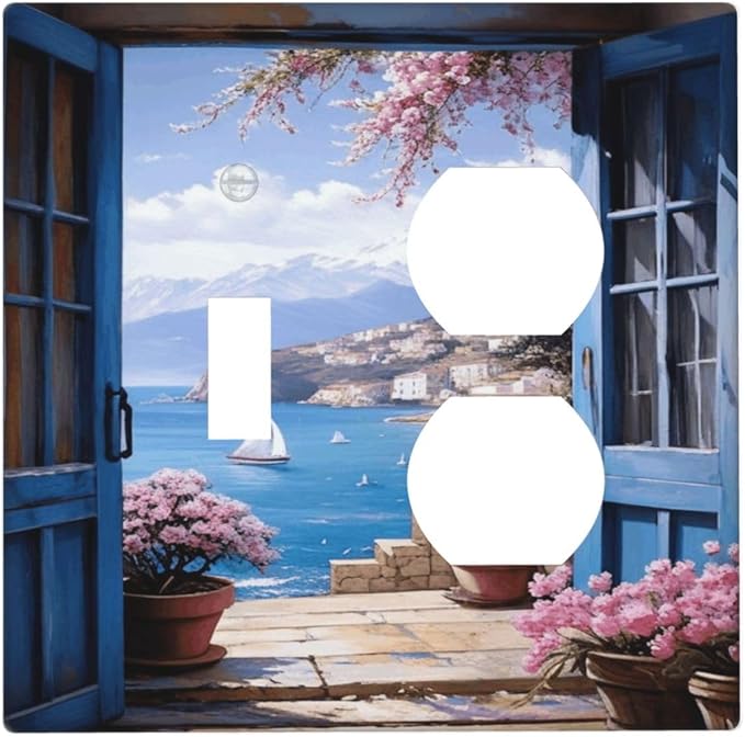 Decorative Art Light Switch Covers Seaside Window View 2 Gang Single Toggle Duplex Combination Electrical Faceplate Switchplate Wall Plate for Home Decor