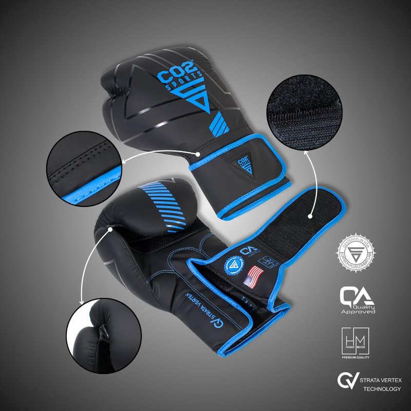 CO2 Sports Titan Boxing Gloves, Pro Training Sparring, Maya Hide Leather, Muay Thai MMA Kickboxing, Men Women Adult, Focus Mitts, Ventilated Palm, Multi Layered, 8 10 12 14 16 18 Oz (Blue, 16 OZ)