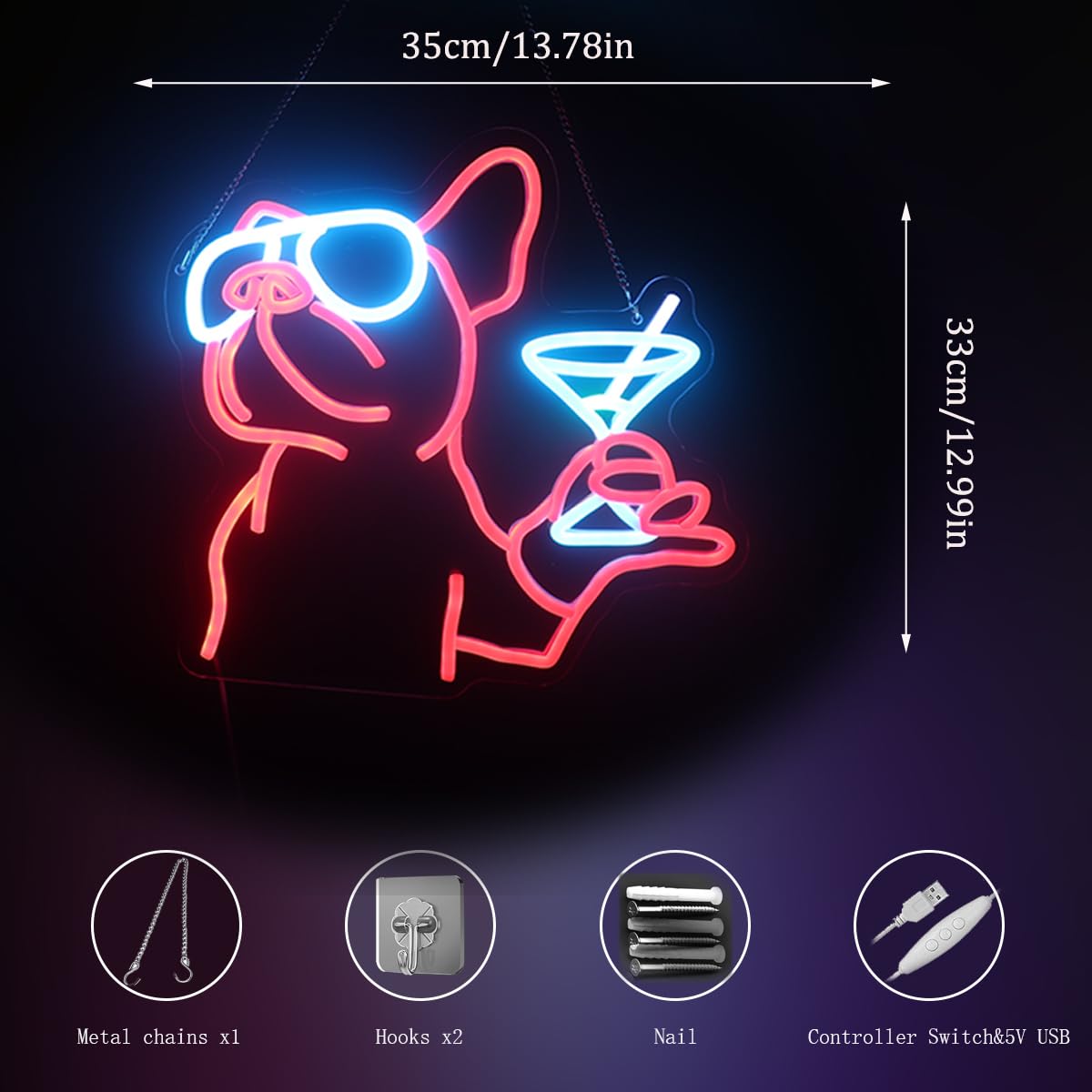 French Bulldog Drink Led Neon Light,Dog Cocktail Neon Sign,Pet Animal Room Wall Decor,Game Room Wall Art Decor, Dog Lover Gifts,Christmas Birthday Gifts
