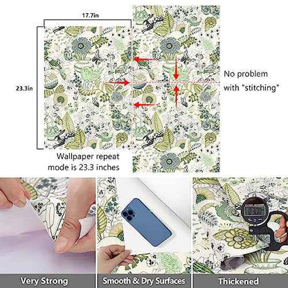 Wudnaye Floral Wallpaper Green Peel and Stick Wallpaper 17.7inch ¡¿ 118.1inch Green Contact Paper Stick and Peel Wallpapers Plants Flower Decorative Contact Paper for Shelves