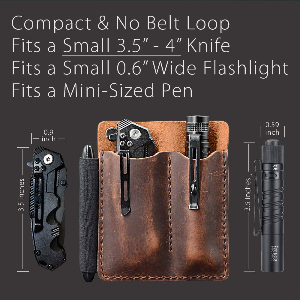 EDC Leather Pocket Organizer, Pocket Slip, Pocket Knife Pouch, EDC Carrier, with Pen Loop, Everyday Carry Organizers, Full Grain Leather. Chestnut.
