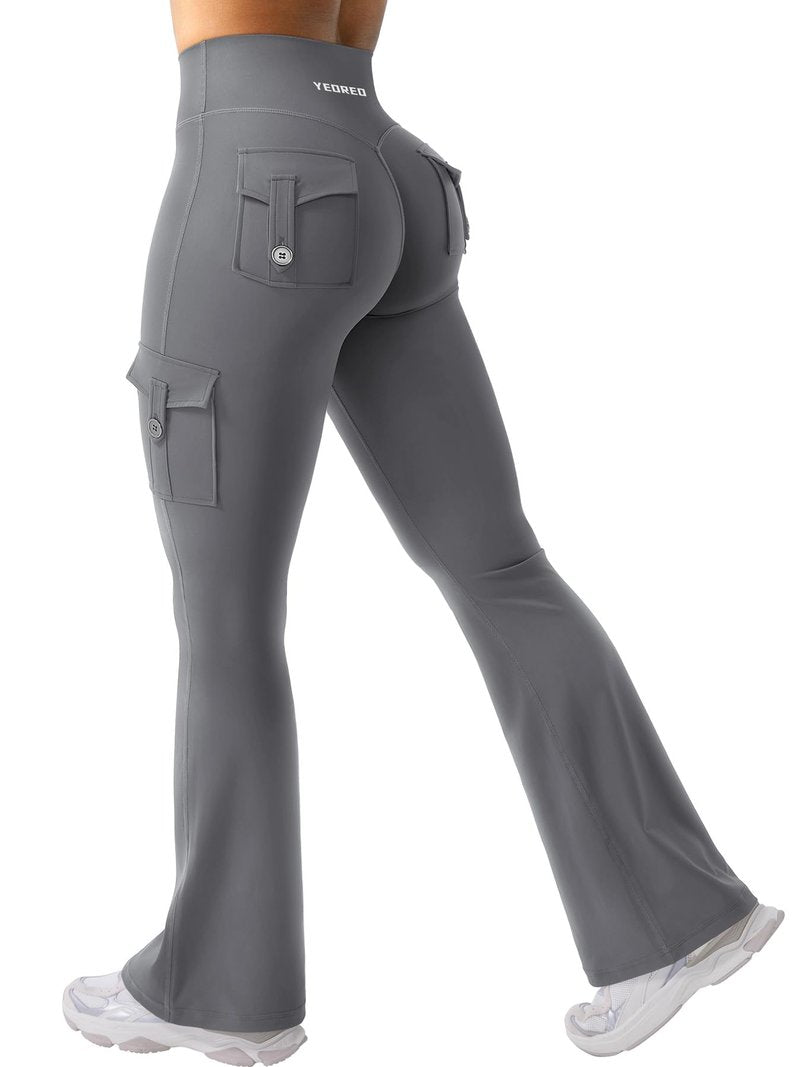 YEOREO CoreFlex Women Workout Flare Leggings with Pockets Hidden Scrunch High Waisted Cargo Gym Yoga No Front Seam Leggings Grey XXL