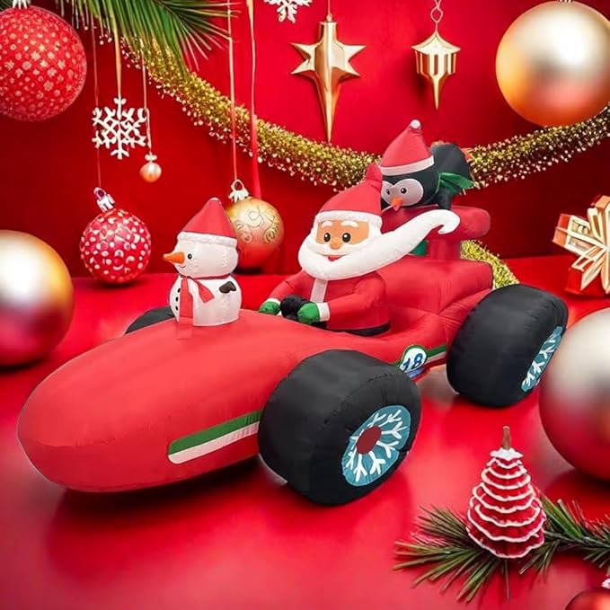 8FT Christmas car Inflatable Old Man, Santa Claus Snowman Penguin Driving Racing car, Built-in LED Lights and Blower, Christmas Inflatable Outdoor Decoration Lawn Patio Christmas Outdoor Decoration.
