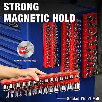 ALOANES 54-Slot Magnetic Socket Organizer - 2PC Holder Kit, Premium Tray Holders for Standard & Deep Metric Sockets, Heavy Duty 3/8-inch Drive Tool Organizer (Red & Blue)