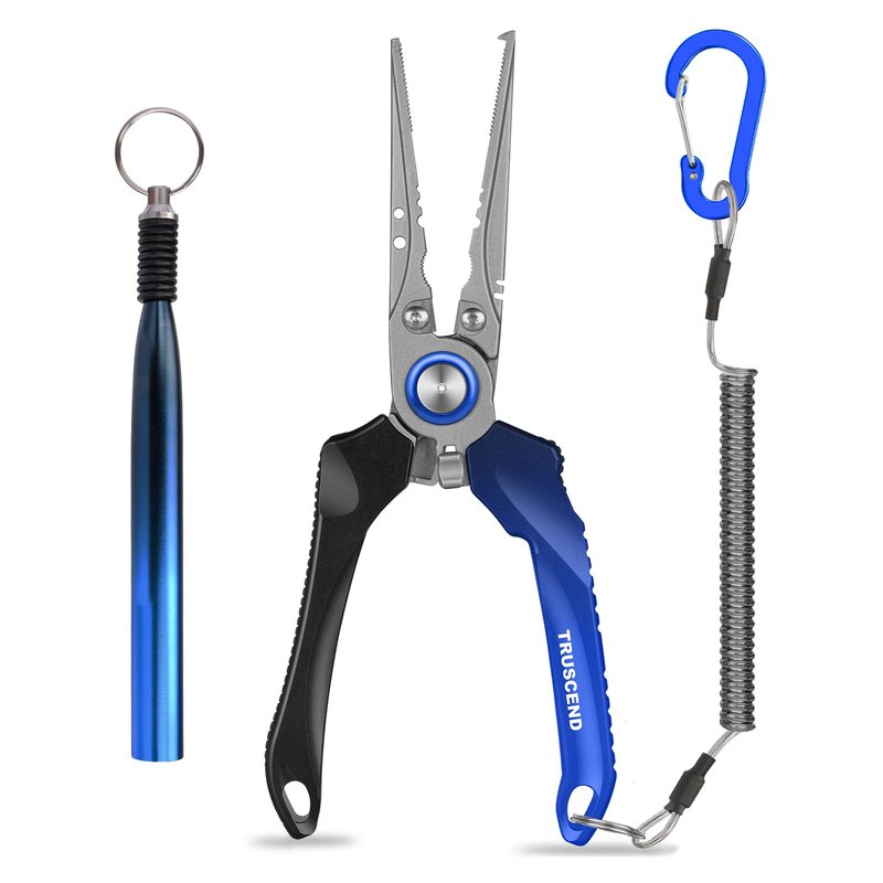TRUSCEND Lockable Fishing Pliers with High Tungsten Carbide Cutter, Innovative Ergonomic Handy Handle, Saltwater Corrosion Resistant Teflon Coated Fishing Tool, Super Light Multi-Function Fishing Gear