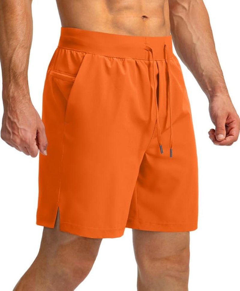 Soothfeel Men's Running Shorts with Zipper Pockets 7 Inch Lightweight Quick Dry Gym Athletic Workout Shorts for Men (Orange, S)