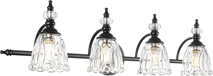 Bathroom Vanity Light, Matte Black 4 Light Vanity Lighting Fixtures, Antique Vanity Light with Flower Glass Shade, Bathroom Lighting Fixture Over Mirror, Sconces Wall Lighting for Hallway