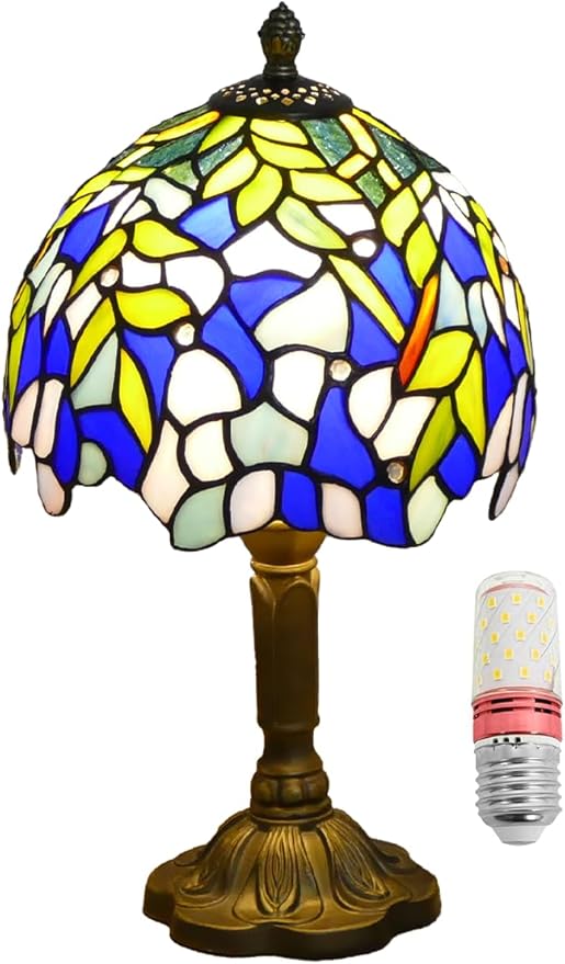 Tiffany Table Lamp Mini Nightstand Lamps Stained Glass Bedside Lamp Wisteria Night Lamp Reading Desk Light for Office Bar Bedroom Living Room,7.87 inch