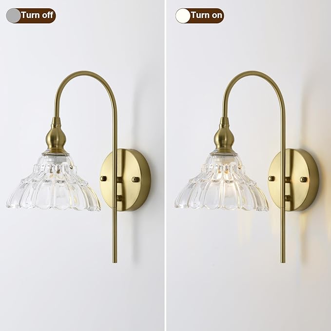 Vintage Wall Sconces with Clear Flower Glass Lampshade, Indoor Bath-Room Wall Sconce, Modern Gold Industrial Lighting Fixture for Mirror Living Room Hallway 1 Pack