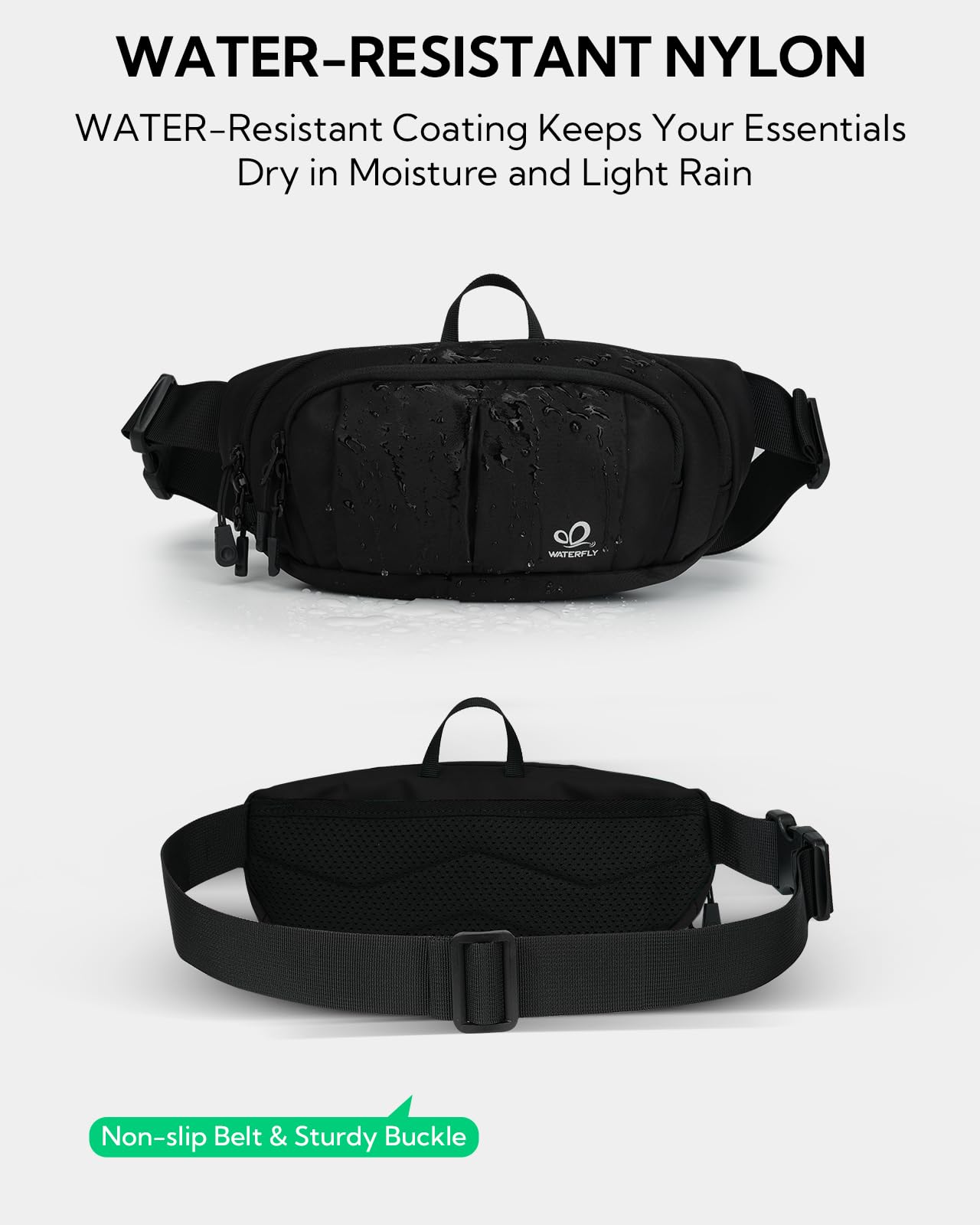 WATERFLY Large RFID Fanny Pack: 2.5L Crossbody Waist Packs for Woman Man with Extender Strap 4-Zipper Pockets Lightweight Hip Pack for Traveling Shopping Walking Hiking