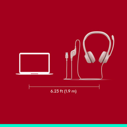 Logitech H390 Wired Headset for PC/Laptop, Stereo Headphones with Noise Cancelling Microphone, USB-A, in-Line Controls, Works with Chromebook - Rose