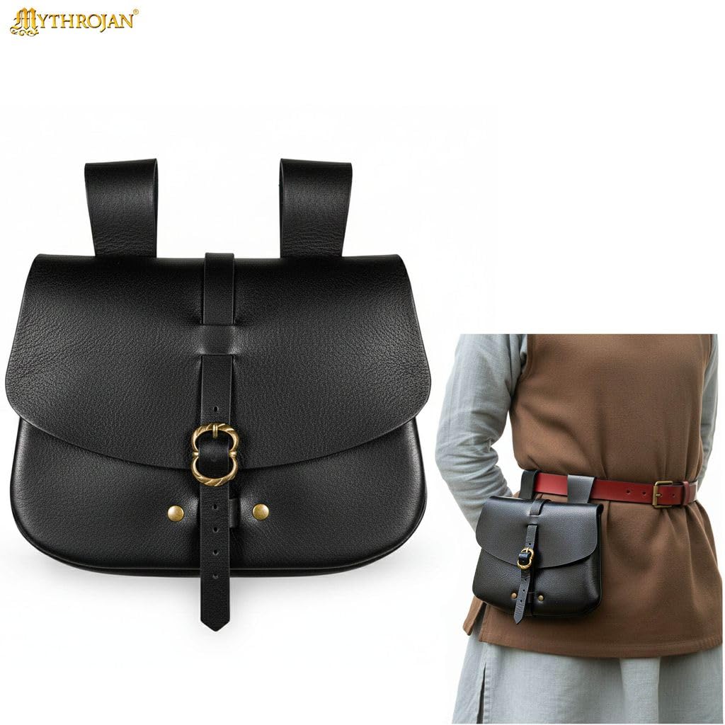 "Medieval Leather Belt Pouch Vintage Waist Bag for LARP, Renaissance Fairs, Costumes, Cellphone Holder, Travel Wallet, Fanny Pack, Holster Purse Durable & Stylish Pouch - Black, 6.2" x 7"