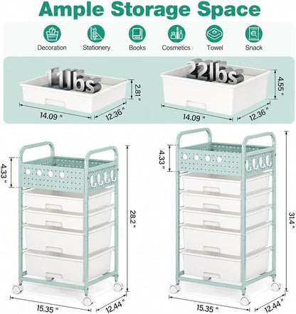 5 Drawer Rolling Storage Cart with Pegboard Top and Hooks, Mobile Utility Organizer with Wheels for Office Supplies, Craft Storage, Classroom Organization, Home Storage Cart, Green