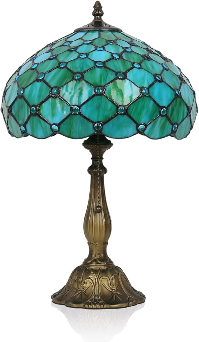 Stained Glass Tiffany Table Lamp, 12 Inch Bedside Reading Light for Bedroom, Living Room, Home Office(Sea Blue Pearl Style)