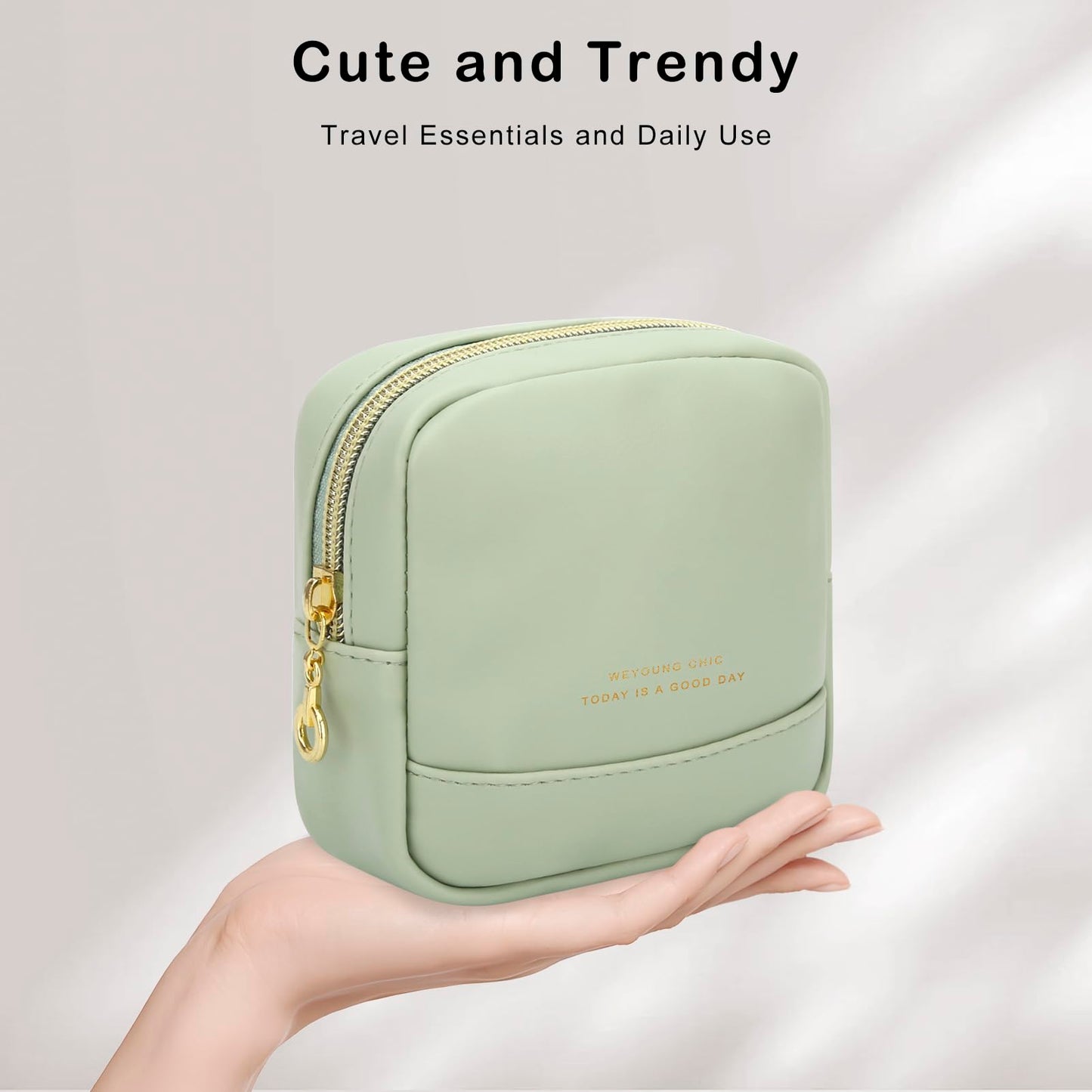 JINSI Small Makeup Bag for Purse,PU Leather Cute Travel Cosmetic Pouch Mini Make Up Bag for Organizer Toiletry Case for Women Girls with Interior Pockets and Zipper (Green)