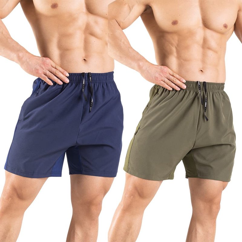 Gaglg Men's 5" Running Shorts 2 Pack Quick Dry Athletic Workout Gym Shorts with Zipper Pockets Navy/Green,Medium