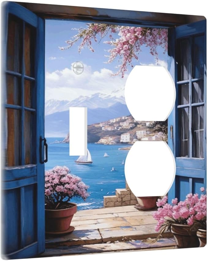 Decorative Art Light Switch Covers Seaside Window View 2 Gang Single Toggle Duplex Combination Electrical Faceplate Switchplate Wall Plate for Home Decor
