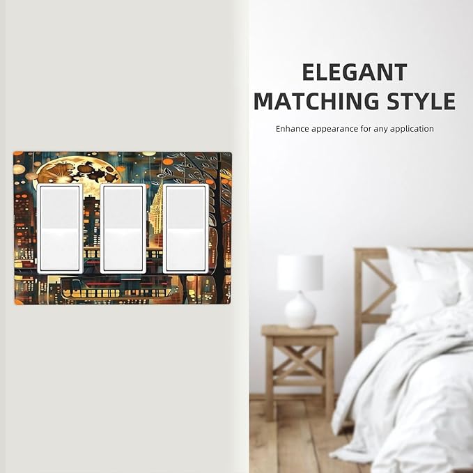 City Light Moon Bus Abstract Art 3 Gang Rocker Triple Outlet Wall Plate Decorative Switchplate Cover Faceplate GFCI Light Switch Covers for Farmhouse Living Decor