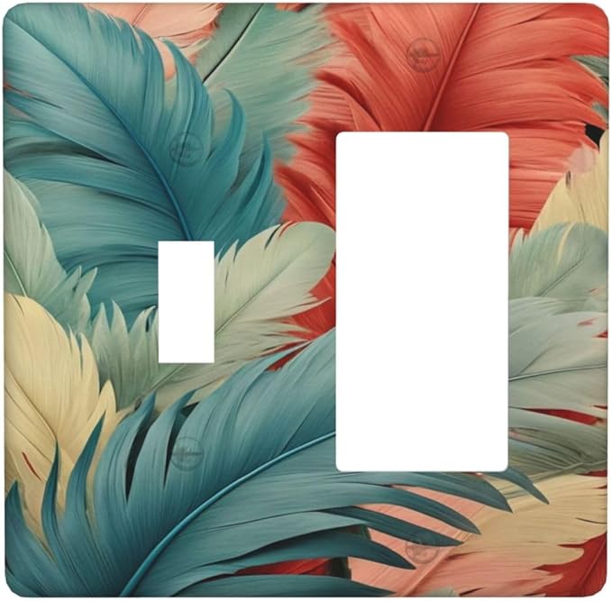 Colorful Feathers, Illustration, Abstract, Botanical, Pattern, Blue Feathers, Red Feathers, Pastel Colors, 2 Gang 1-GFCI 1-Toggle Comb/4.5 x 4.5 IN, PPZCXWP0703