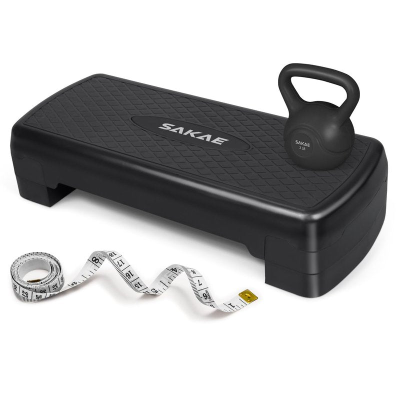 Black Exercise Step Platform Set with Kettlebell & Measuring Tape, Adjustable Height 2 Level Risers Workout Step Trainer, Aerobic Steppers for Home Gym Exercise Fitness Workout