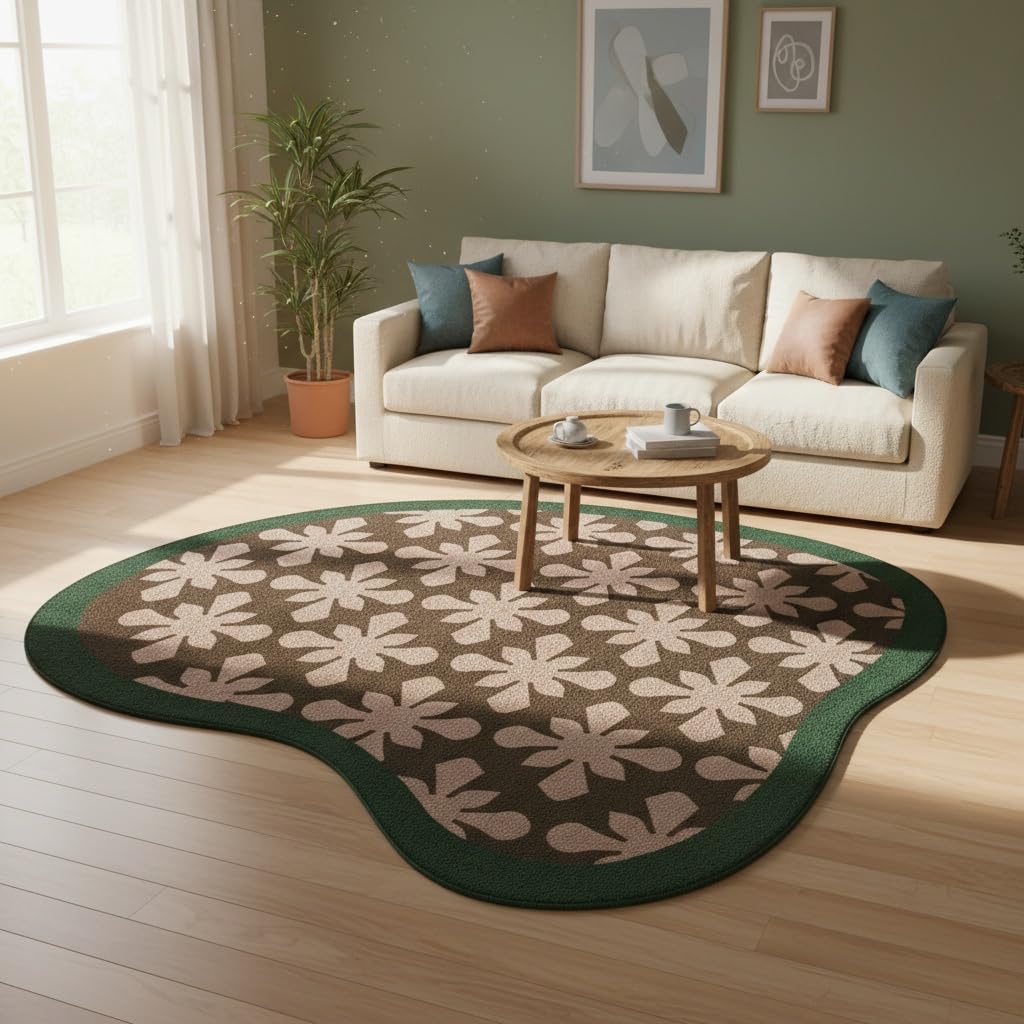 Irregular Shaped Area Rug Unique Aesthetic Green Brown Floral Pattern Rug for Bedroom Livingroom Hallway Entryway Minimalist Mid Century Carpet 3ft Washable No Slip Diningroom Kitchen Floor Rug