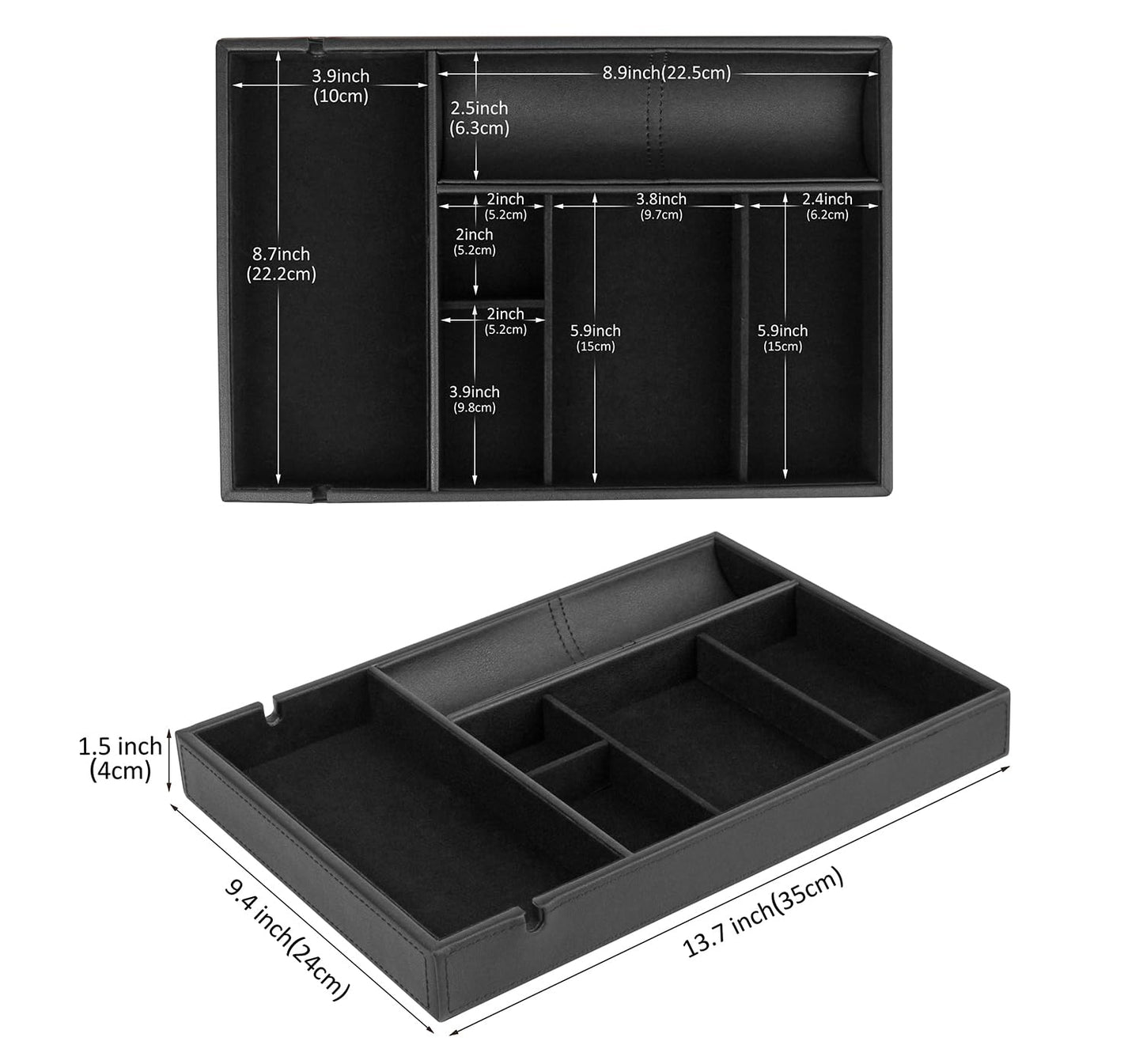 HofferRuffer Faux Leather Valet Tray for Gift, Nightstand Organizer Decorative Dresser Tray Box with Phone Charging Station, Storage Catchall for Men and Women (Black Organizer)