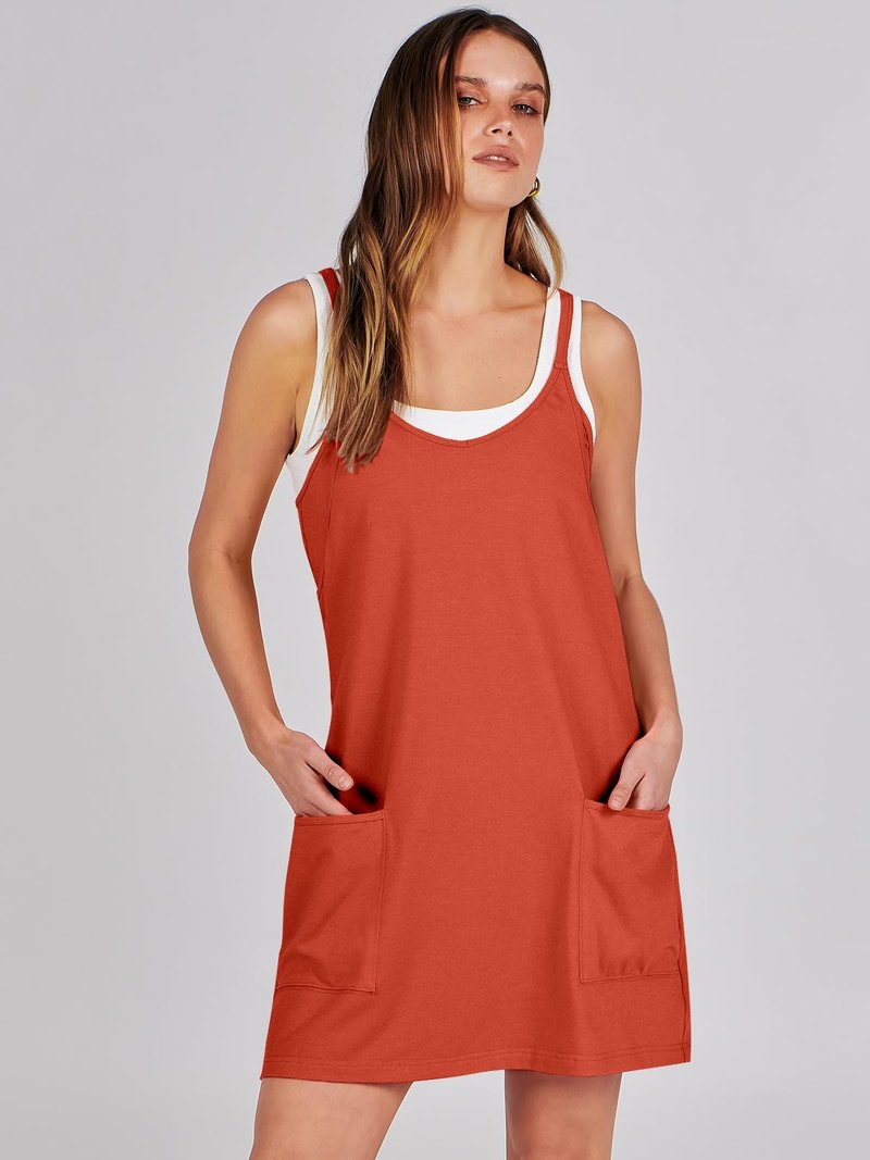 ANRABESS Women Athletic Dress Summer Tennis Workout Active Sports Mini Romper Dress Built in Shorts Travel Vacation Clothes Red Large