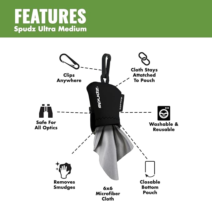 SPUDZ Ultra Microfiber Lens Cleaner – Closable Pouch, Washable –