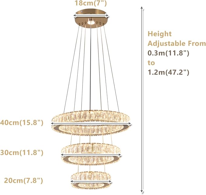 FRIXCHUR 3 Ring LED Chandelier Modern Crystal Chandeliers LED Pendant Lights Gold Ring Chandelier for Bedroom Dining Room High Ceiling Foyer (3000K Warm Light)
