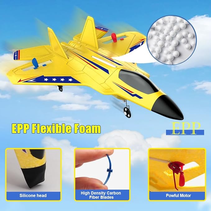 Fremego F22 RC Airplane 2.4GHz Remote Control Plane with Gyro Stabilizer LED Lights &amp Dual Batteries Easy Fly RC Glider for Kids Boys Adults Beginners(Yellow)