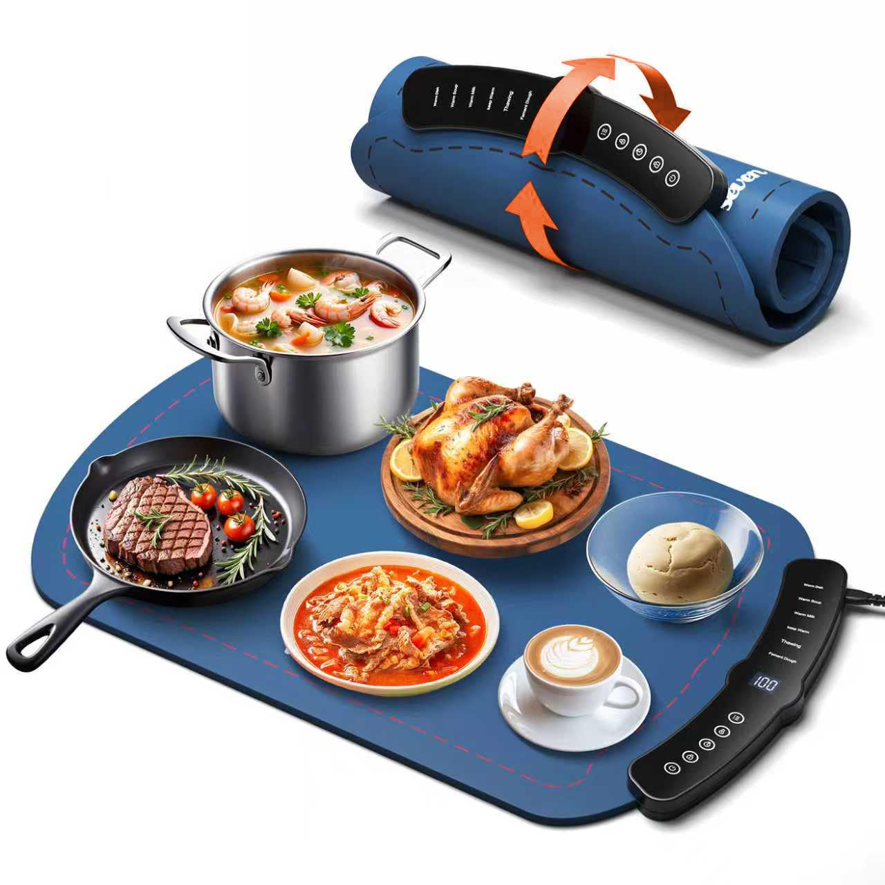 Warming Mat for Food, Food Warming Mat with 7 Temp Master Aadjustable Warming Tray, Thermochromic Line, Roll Up Buffet Hot Plates Heat Pad Full Sized Electrical