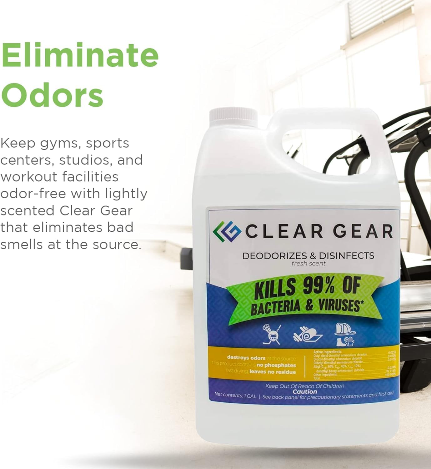 Clear Gear - Disinfectant, Cleaner, and Deodorizer for Sports Equipment, Gyms, and Fitness Centers - EPA-Registered, Hospital Grade, Made in USA - 1 Gallon Bottle