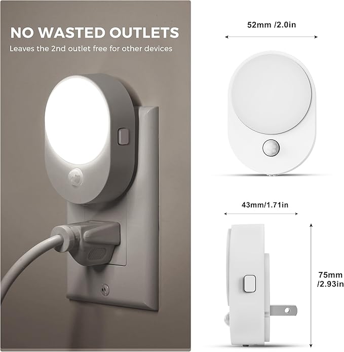 L LOHAS LED Plug in Night Light with Motion Sensor and Dusk to Dawn Sensor,[4-PACK] Night Lights Plug into Wall,5000K Daylight White,30/60/100LM Dimmable Nightlight for Bathroom Hallway