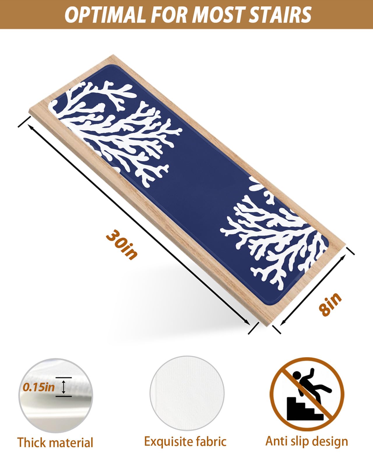 LBCASA Stair Treads Non Slip Indoor for Wooden Steps, Navy Blue Coral 15 Pcs Stair Mats for Kids Elders Dogs, 8 x 30 Inch Coastal Summer Beach Nautical Seaside Carpet Treads Runner Rugs for Staircase