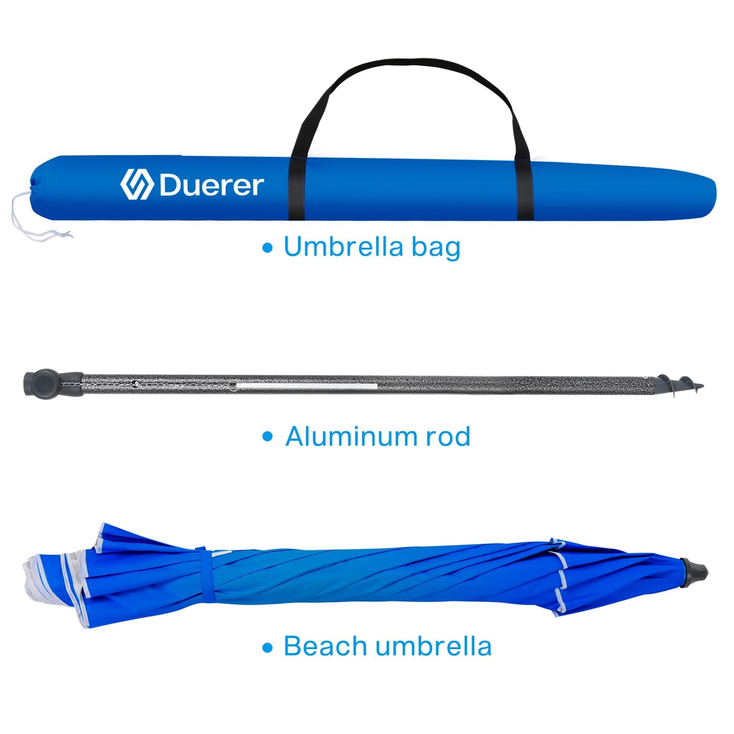 Duerer Beach Umbrellas, 8.5FT Beach Umbrella for Sand with Anchor Heavy Duty Windproof, Height Adjustable Tilt Iron Pole, Portable Beach Umbrella with Carrying Bag for Beach, Patio Garden Outdoor