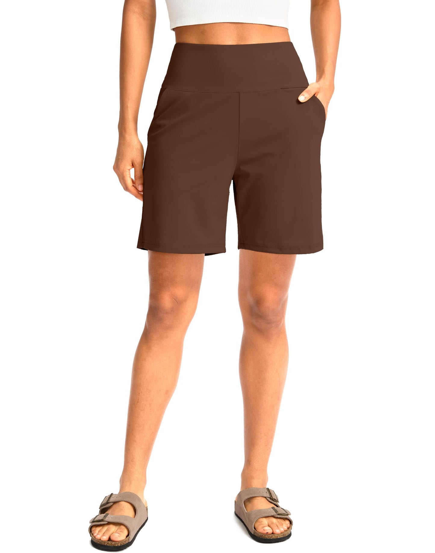 G Gradual Women's Bermuda Long Shorts with Pockets 7" High Waisted Knee Length Shorts for Women Walking Athletic Workout(Espresso-L7,3XL)